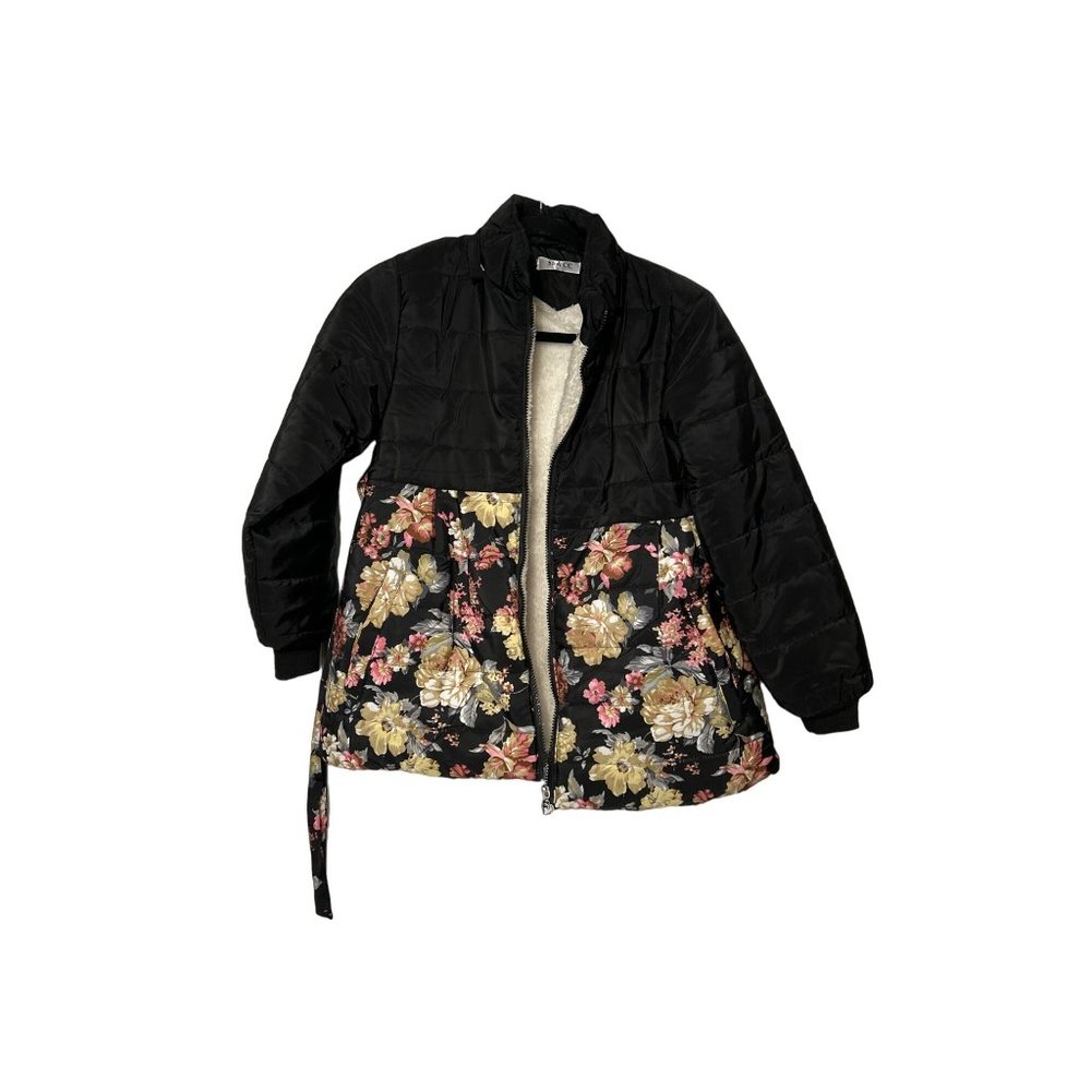 SS & CC Black floral, zip up puff coat, fleece lining girls size 5 - 150 # 1526